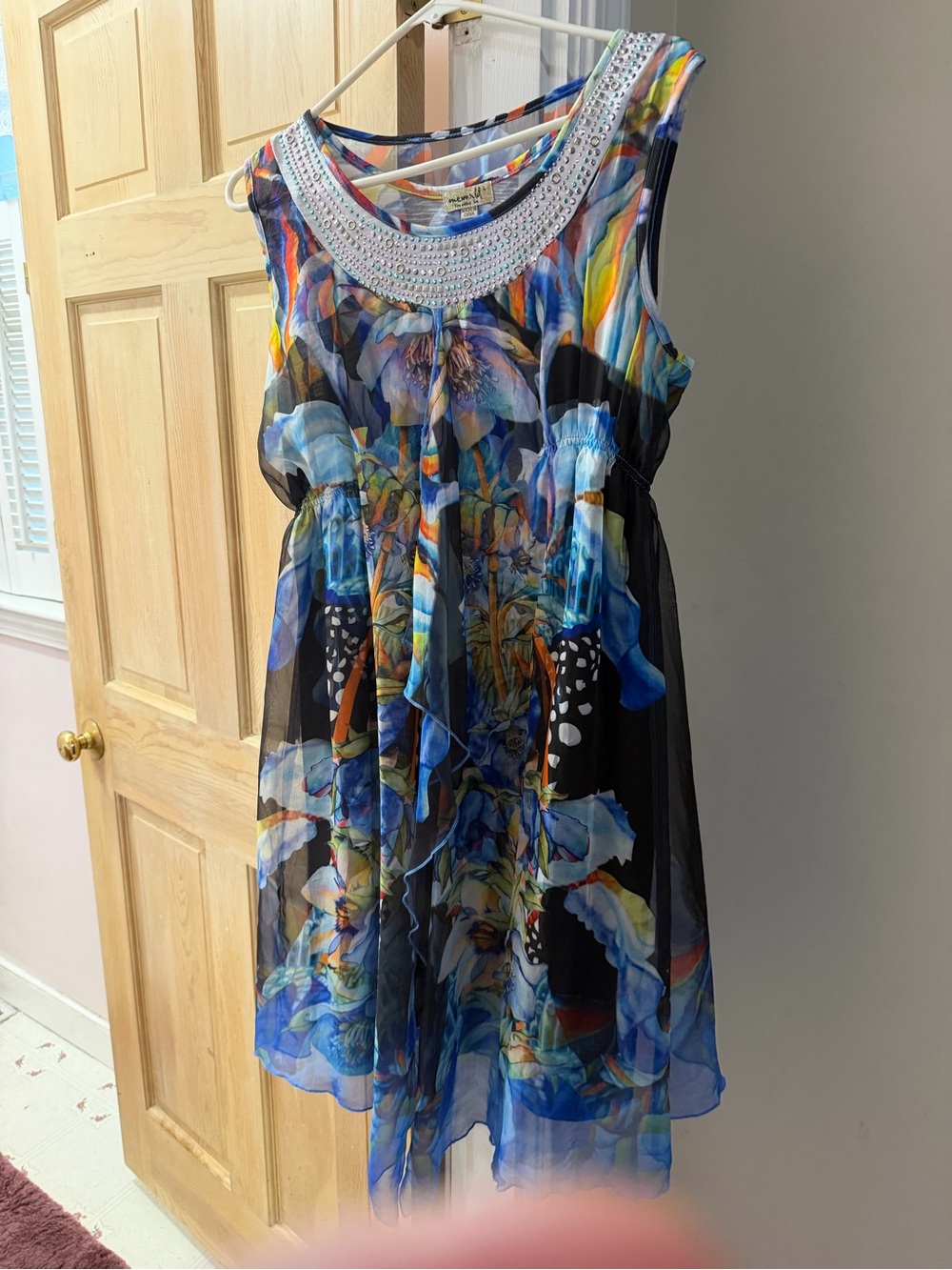 Sleeveless Floral Blue Print Dress with Embellished Neckline